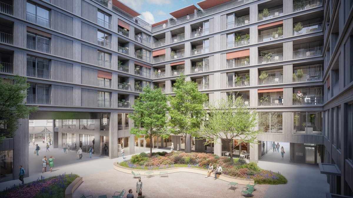 Visualisierung begrünter Innenhof als Teil der SNBS-Zertifizierung Manegghof  (Baufeld 6) in der Greencity Zürich bietet nachhaltig gestaltete Aufenthaltsräume im Innen- und Aussenbereich und wird nach SNBS zertifiziert